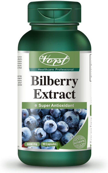 Bilberry Extract 8000mg Equivalent Raw Herb 90 Capsules Eye Antioxidant Circulation Enhancer Inflammation Reducer European Blueberry Paleo Friendly Supplement (1 Bottle)