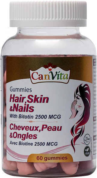 Canvita Halal&Vegan Hair, Skin and Nails Gummy  All-In-One Epidermis Reviver, Nail and Hair Health Support  Biotin Folic Acid and Vitamins Extract Skin Care  Delicious Vegan Gummy Tablets  Made in Canada