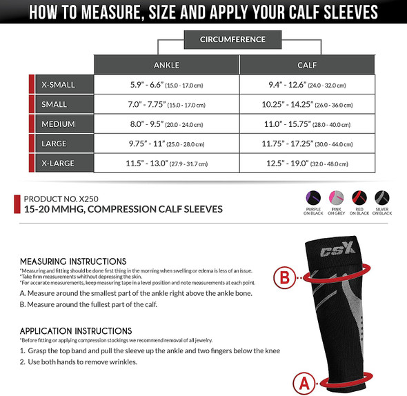 Csx, 15-20 Mmhg Compression Sleeve for Men and Women, Leg Calf Support, Athletic Sport Fit, 1 Count, Red On Black