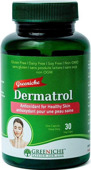 Dermatrol, Rich Source of Antioxidants, Resveratrol & Zinc Supplements For Men & Women, Helps Maintain Skin, Hair & Nails & Overall Immune System & Having Anti Aging Properties, Free From Gluten, Soy & Dairy, NON GMO, 30 Veg Caps , Greeniche