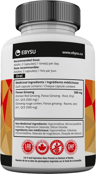 EBYSU Korean Red Ginseng Supplement Used in Herbal Medicine to Support Cognitive Function, Increase Resistance to Stress & Increase Energy 60 Vegetarian Capsules (500 mg)