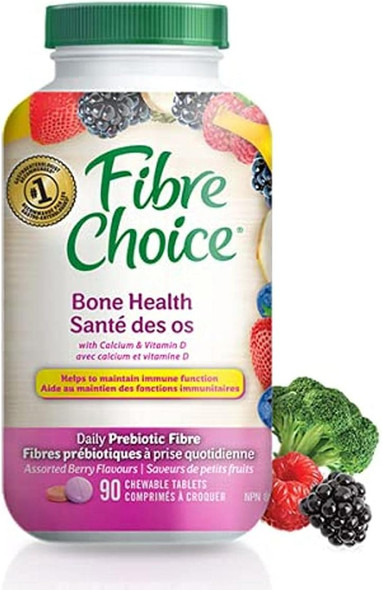Fiber Choice Bone Health Daily Prebiotic Fiber Chewable Tablets with  Calcium & Vitamin D, Assorted Berry, 90 Count (Pack of 3)