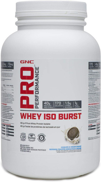 GNC Pro Performance Whey Iso Burst - Cookies & Cream Shake, 19 Servings, 40 Grams of Whey Protein Isolate