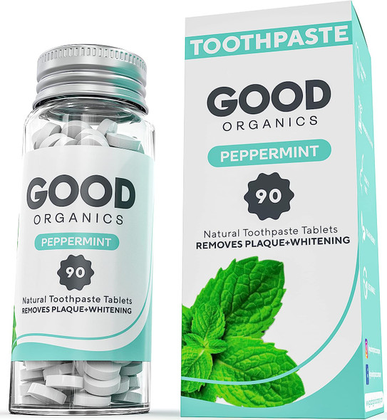 Good Organics Fluoride Free Mint Natural Toothpaste Tablets - Removes Plaque + Whitening - Zero Waste Reusable Glass Containers Vegan Friendly Toothpaste Tablets With Xylitol, No Plastic & Perfect for Travel - 90 Tablets