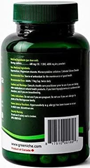Greeniche Moringa Oleifera - 60 Vegetarian Capsules  Natural and Organic Source of antioxidants / Source d'antioxydants  Non GMO, Soy Free, Gluten Free  Halal and Kosher Certified
