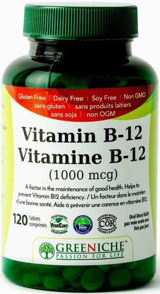Greeniche Vitamin B 12 - 120 Tablets - Helps in Vitamin B-12 Deficiency - Helps in Red Blood Cell Formulation - Metabolize Carbohydrates, Proteins & Fats  Free From Gluten, Soy & Dairy  Non GMO