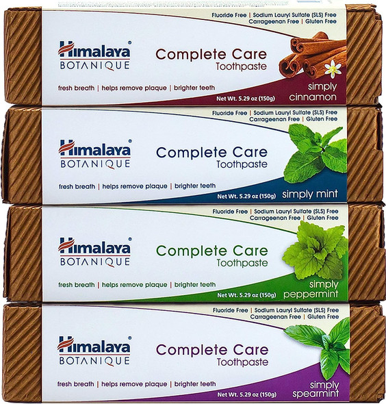 Himalaya Fluoride Free Natural Toothpaste Variety Pack (4 Pack)  Mint, Cinnamon, Peppermint and Spearmint, 5.29 OZ/150gm each