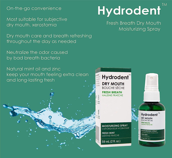 Hydrodent Fresh Breath Dry mouth Moisturizing Spray, Fresh Mint, Natural, 59 mL