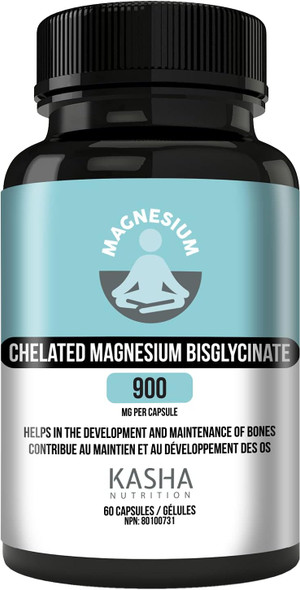 KASHA Nutrition Chelated Magnesium Glycinate 900mg per pill - Proudly Canadian | Non-GMO, Vegan, Gluten Free, Soy Free.| Non-Habit Forming - Maintains Effectiveness over Long-Term. Appropriate for Daily Use. Vegetarian. 60 Capsules.