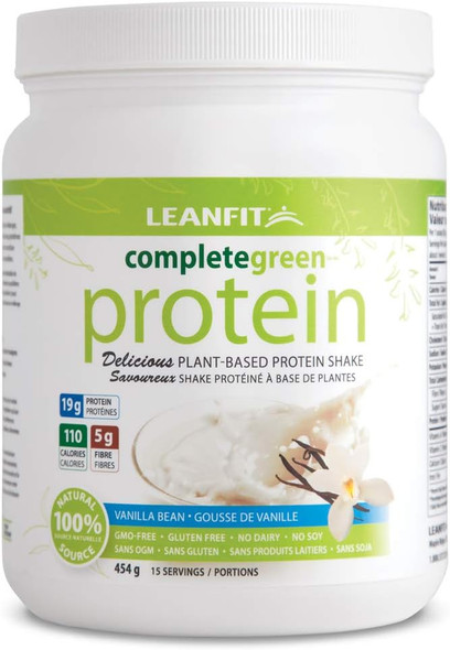 LeanFit completegreen | Canadian Plant-Based Vegan Protein Powder Shake with BCAAs | Vanilla Bean, 454g