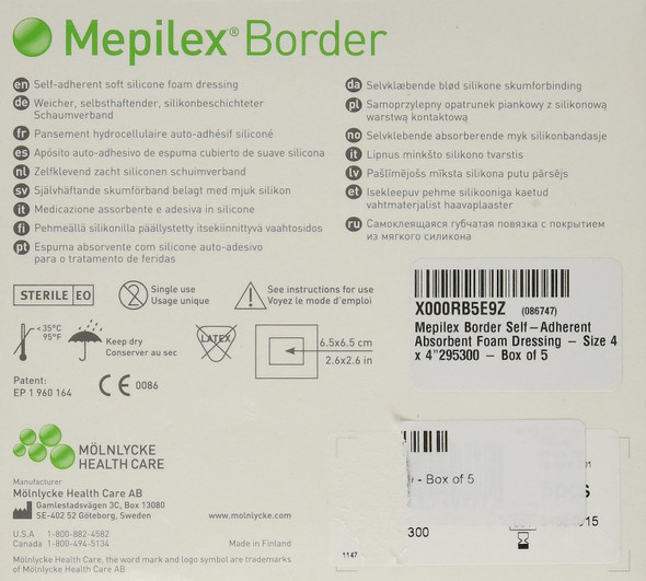 Mepilex Border Self-Adhesive Foam Dressings 4"x4", Box of 5