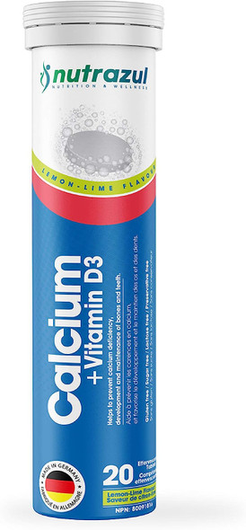 Nutrazul Calcium + Vitamin D3 Effervescent Tablets-Lemon-Lime 20s | 20 Days Supply | Gluten Free, Sugar Free, Lactose Free & Preservative Free