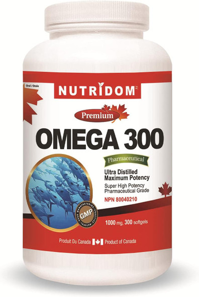 Nutridom Fish Oil Omega-3 Fatty-Acids EPA DHA 1000mg 300 Softgels | Anchovy, Mackerel, Herring | Supports cardiovascular health | Made in Canada