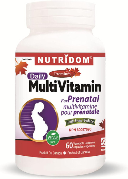 Nutridom Multivitamin Prenatal with Iron & Folate, 60 Vegan capsules, One a day, Made In Canada