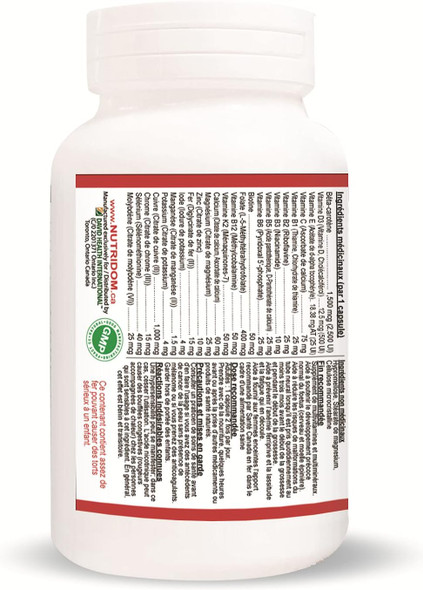 Nutridom Multivitamin Prenatal with Iron & Folate, 60 Vegan capsules, One a day, Made In Canada