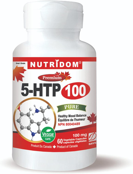 Nutridom Pure 5-HTP 100mg, L-5-Hydroxytryptophan, 60 Vegan Capsules, Helps Promote Healthy Mood Balance, Product of Canada