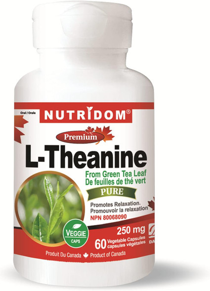 Nutridom Pure L-Theanine 250mg from Decaf Green Tea Leaf, 60 Vegan Capsules, Non-GMO, Relaxation, Stress, Mood & Focus Support without Drowsiness, Product of Canada