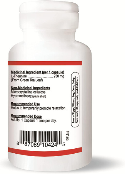 Nutridom Pure L-Theanine 250mg from Decaf Green Tea Leaf, 60 Vegan Capsules, Non-GMO, Relaxation, Stress, Mood & Focus Support without Drowsiness, Product of Canada