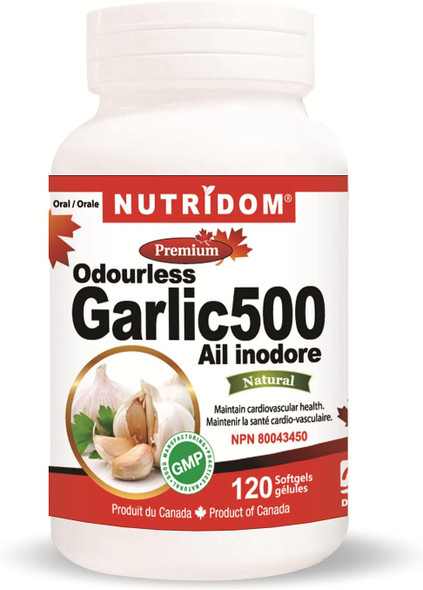 Odorless Garlic Extract 500 mg (50,000 mg Raw Equivalent) 100:1 Concentrate Ratio, 120 Softgels, Maintains Cardiovascular Health, Made in Canada by Nutridom