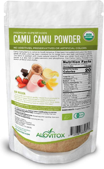 Organic Camu Camu Berry Powder | Naturally Energizing Immune Boosting Vitamin C, Antioxidants, And Proteins | Raw, Pure, Gluten Free, Vegan, Non GMO Peruvian Camu Camu Powder by Alovitox | 3.5 oz Bag