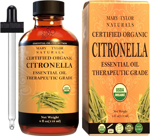 Organic Citronella Essential Oil (4 oz) USDA Certified by Mary Tylor Naturals (100% Pure and Natural) Therapeutic Grade Ideal for Aromatherapy, Relaxation, DIY Skin Care and More