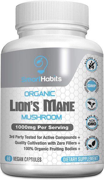 Organic Lion's Mane Mushroom Handpicked, 3rd Party-Tested, Natural Brain, Nerve & Immune System Support. Pure Superfood Nootropic Supplement. Non-GMO, Gluten Free, Vegan,- 1000mg - 60 Capsules