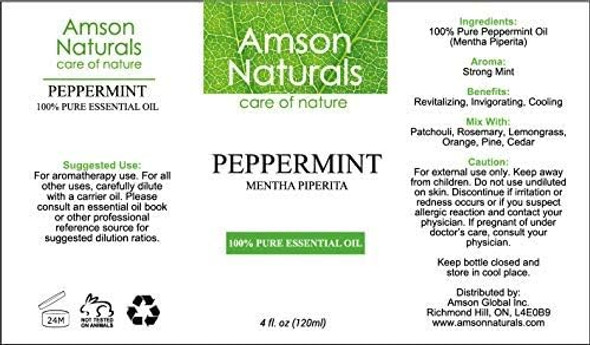 Peppermint Essential Oil 4oz / 120 ml - by Amson Naturals -100% Pure & Natural