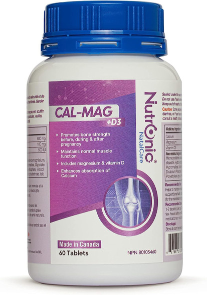 Pregnancy Calcium, Magnesium, Vitamin D3 Supplements - Prenatal Bone Strength, Helps Support Bone Health, Maintains Muscle Function - During, Pre- and Pro-Pregnancy, 60 Tablets - Nutronic