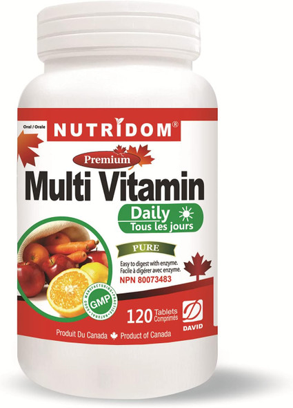 Premium Daily Multivitamin, 120 Tablets, Supplement with Vitamin A, Vitamin C, Vitamin D, Vitamin E and Zinc for Immune Health Support, B12, Calcium & more, Easy to digest with enzyme, Made in Canada Non-GMO by Nutridom