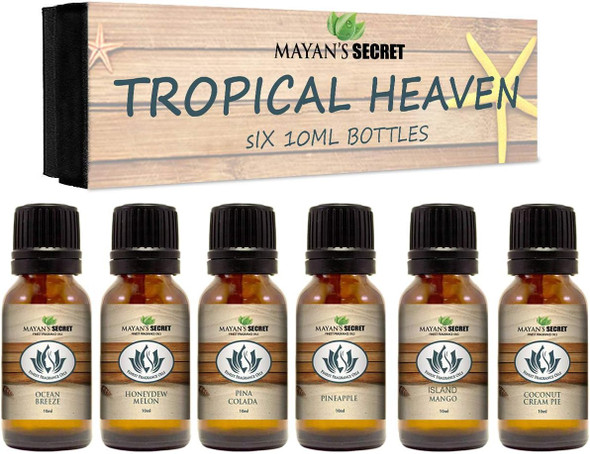 Premium Grade Fragrance Oil -Tropical Heaven- Gift Set 6/10ml Ocean Breeze, Honeydew Melon, Pina Colada, Pineapple, Mango, Coconut Cream Pie