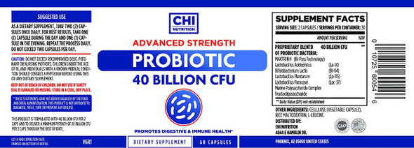 Probiotics Advanced Strength - Supports Digestion & Immune Health - 40 Billion CFU - Helps with Gas, Bloating & Regularity - Shelf Stable; Dairy Free; Delayed Release; Non-GMO - CHI NUTRITION