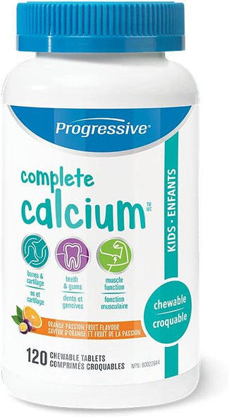 Progressive Complete Calcium for Kids - 250 mg of Calcium, Orange flavour, 120 Chewable Tablets | With essential fatty acids, digestive enzymes, and green food and vegetable concentrates