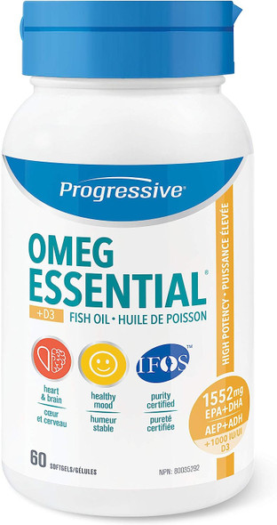Progressive OmegEssential + Vitamin D Adult Fish Oil Supplement - 1,000 EPA + 550 DHA, 60 softgels | All natural, cold water, wild caught