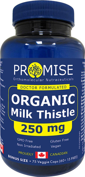 Promise Organic Milk Thistle - 250mg each capsule, Support Liver Functions, Liver and Colon Cleanse Detox Supplement, Made in Canada 75 Caps