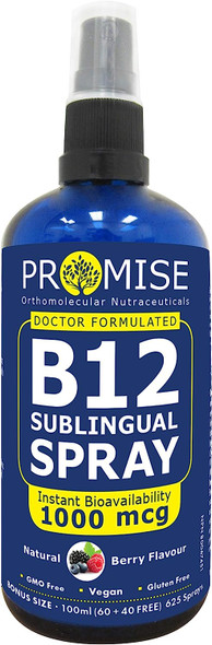 Promise Vitamin B12 Sublingual Spray 1000mcg, Instant Bioavailability, Boost Energy Production, Natural Berry Flavour, Made in Canada (60ml + 40ml FREE - 625 sprays)