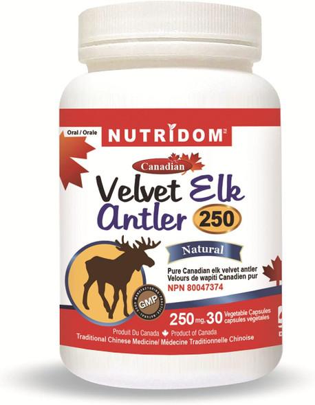 Pure Canadian Velvet Elk Antler 250mg, Freeze-Dried, 30 Vegan capsules, Made In Canada by Nutridom