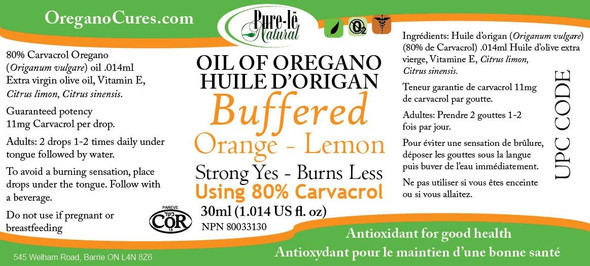 Pure-le Natural Orange-Lemon Buffered Oil of Oregano 30ml. All Natural with No Side Effects - Immune Dietary Supplement