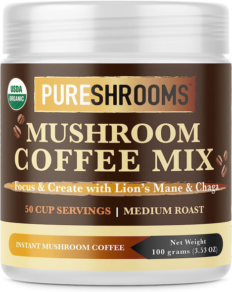 PureShrooms Mushroom Coffee - Focus & Create with Chaga & Lion's Mane. Memory, Focus, Immune Booster. Keto Friendly (50 Servings, 100 Grams)