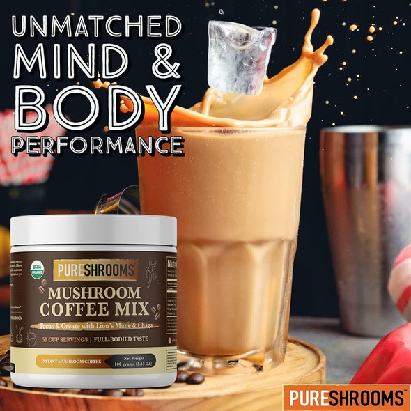 PureShrooms Mushroom Coffee - Focus & Create with Chaga & Lion's Mane. Memory, Focus, Immune Booster. Keto Friendly (50 Servings, 100 Grams)