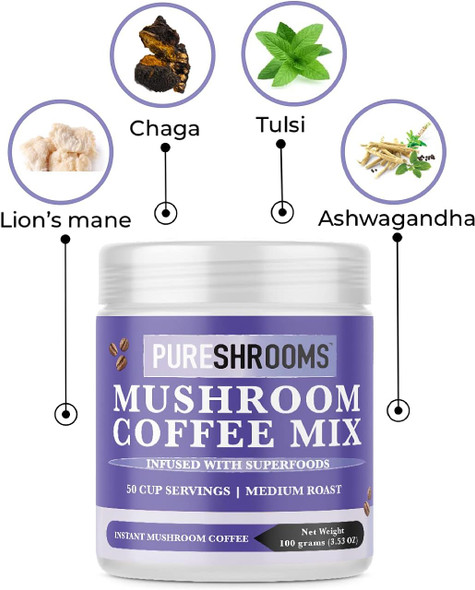 PureShrooms Mushroom Coffee Mix Superfood: Organic Ashwagandha, Tulsi (Holly Basil), Lion's Mane, Chaga