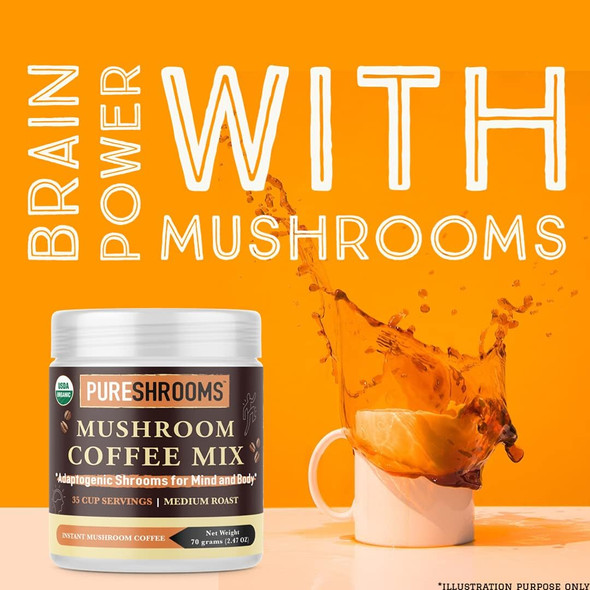 PureShrooms Mushroom Coffee with Lions Mane, Reishi & Cordyceps - 35 Servings - FOCUS, STRESS RELIEF, ENERGY & IMMUNITY - Keto Friendly (Adaptogenic Coffee, 70 grams)