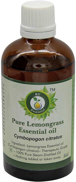 R V Essential Pure Lemongrass Essential Oil 100ml (3.38oz)- Cymbopogon Citratus (100% Pure and Natural Therapeutic Grade)