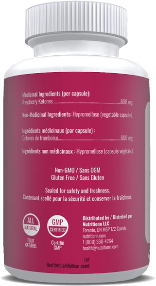 Raspberry Ketones by Nutritionn - 600 mg Capsules - Premium, 100% Pure and Natural Health Supplement