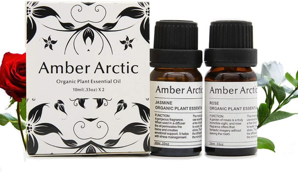 Rose Jasmine Essential Oil Set, 100% Pure Natural Aromatherapy Therapeutic Grade Essential Oils for Diffuser-2 X 10ml