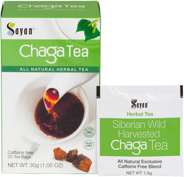 Sayan Siberian Chaga Mushroom Tea (Unbleached 20 Tea Bags, Caffeine Free) Exclusive blend of Raw + Extract, Wild Harvested Herbal Supplement and Natural Antioxidant