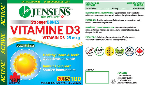 StrongerBones: Healthy Bones & Immune Function - Vitamin D3 25 mcg by Jensens (100 vegecaps)