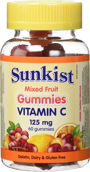 Sunkist Vitamin C, Gummy, Mixed Fruit Flavour, 125 mg, 60 Count