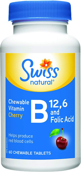 Swiss Natural Vitamin B12, B6 and Folic Acid Cherry Chewable Tablet, 60 tablets