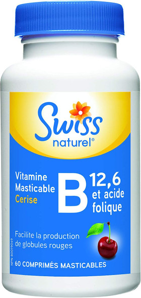 Swiss Natural Vitamin B12, B6 and Folic Acid Cherry Chewable Tablet, 60 tablets