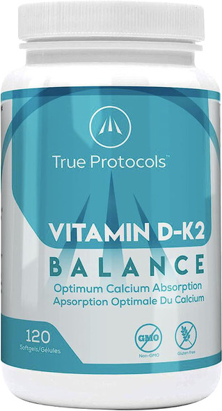 TRUE PROTOCOLS - Vitamin D-K2 Balance - Vitamin D3 (1000 IU) + Vitamin K2 MK7 (120 mcg) + Vitamin A (500 IU) - 120 Bioavailable Softgels For Strong Bones & Improved Muscle Function - 100% Non-GMO D3 K2 A Supplement